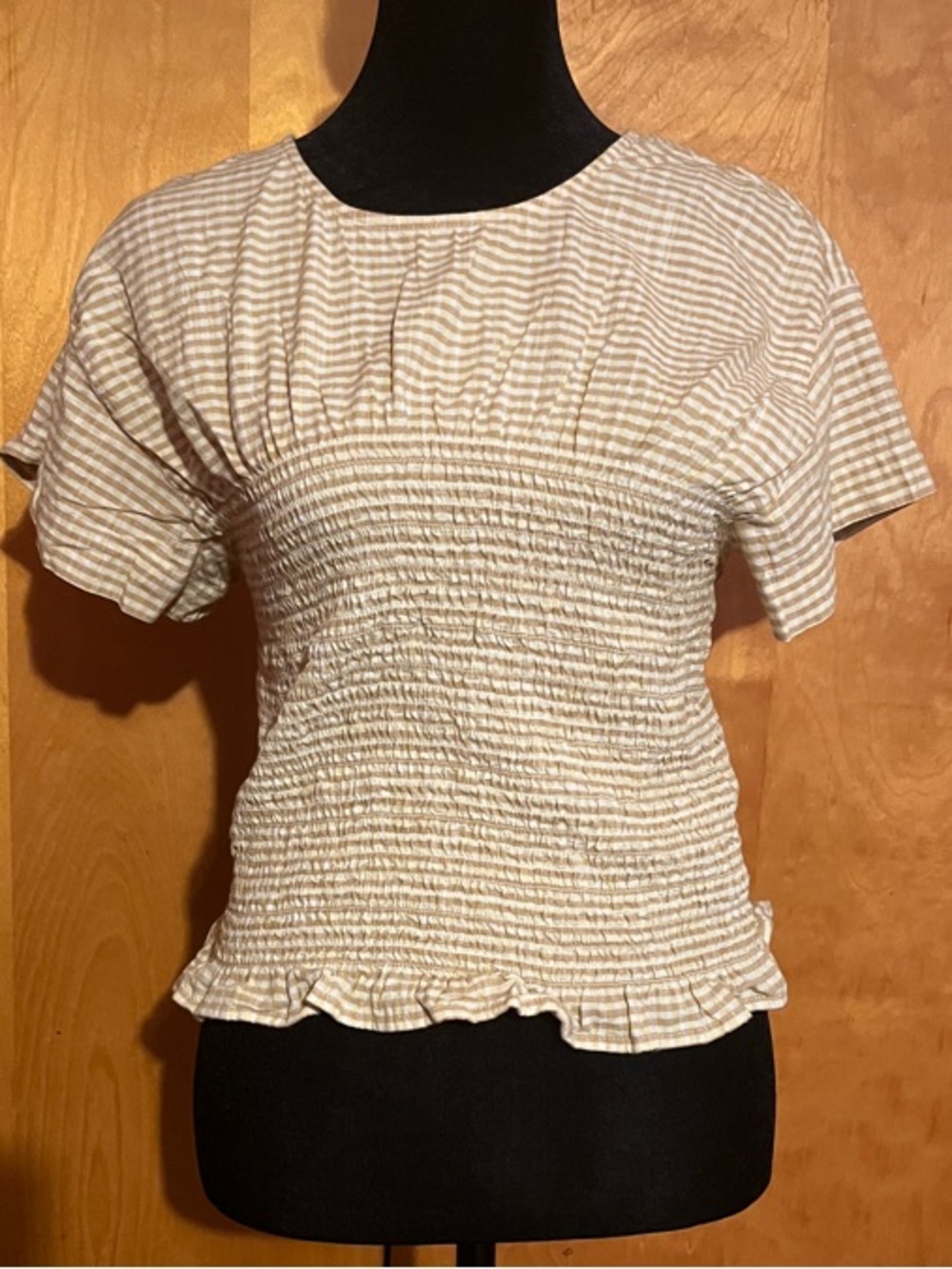 Madewell Cream and Tan Striped Smocked Top